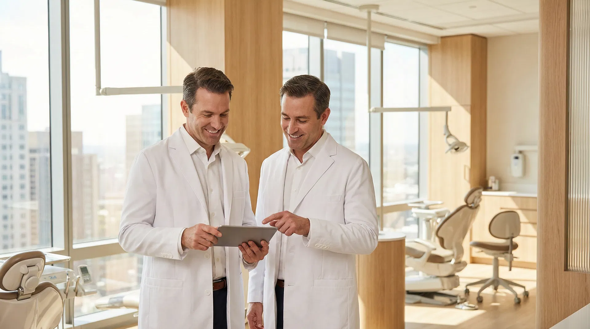 Two dentists collaborating shoulder to shoulder