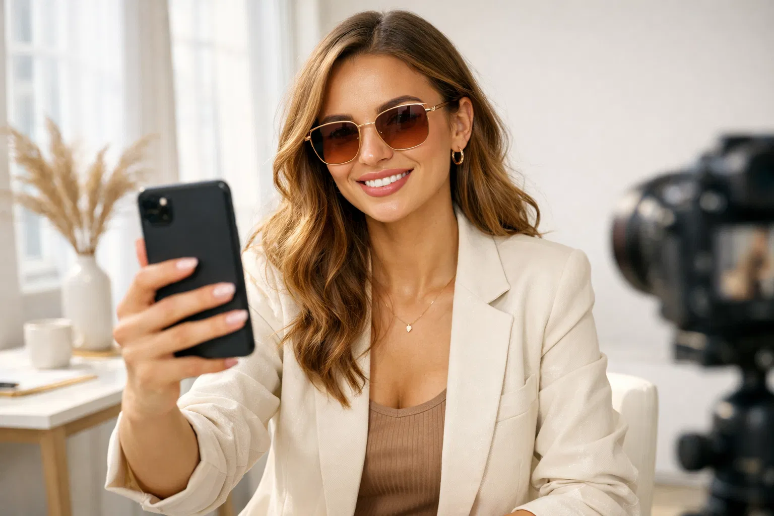 Mulher criando conteúdo com óculos Lume