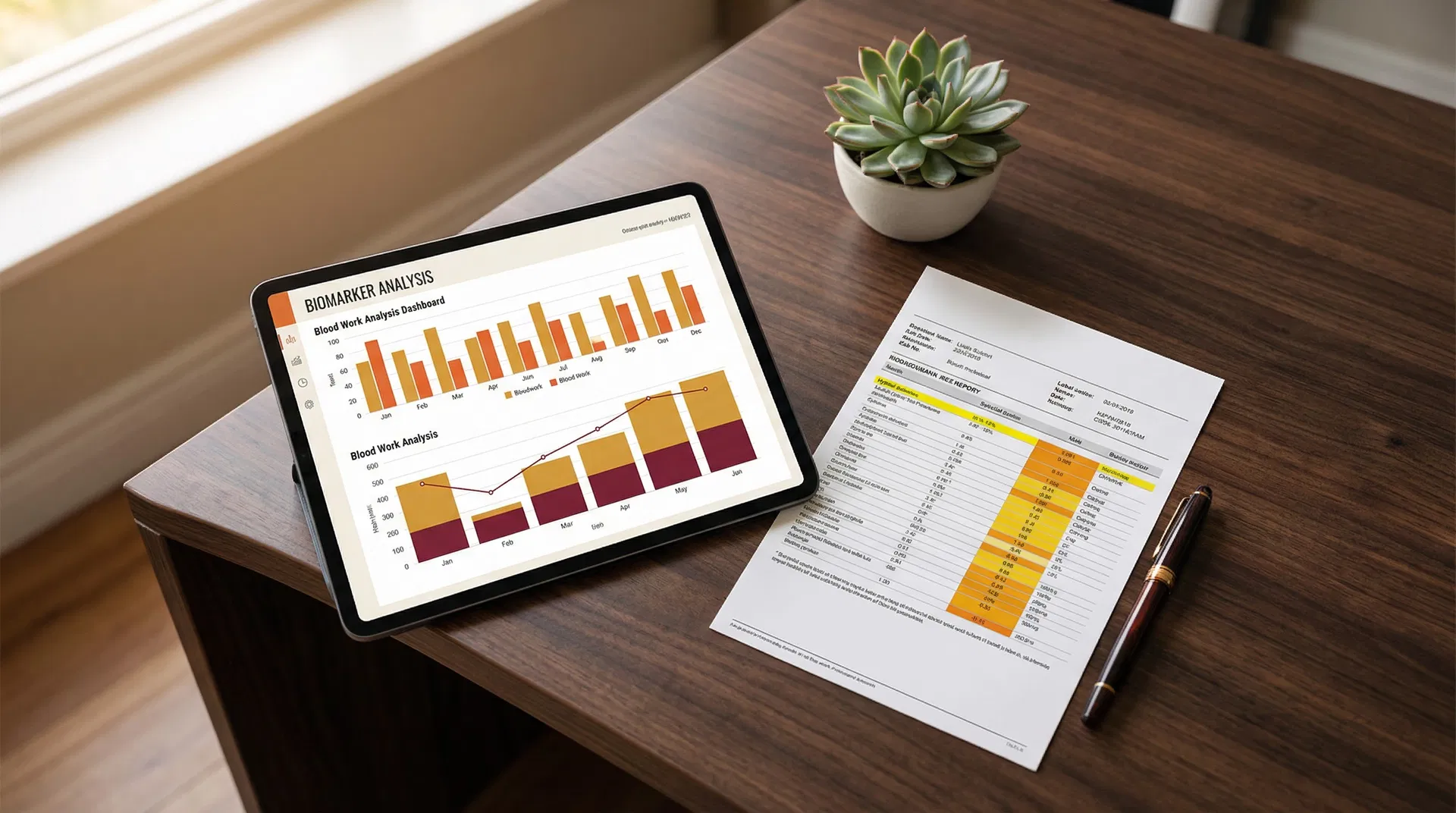 Blood work analysis dashboard with biomarker charts and lab reports