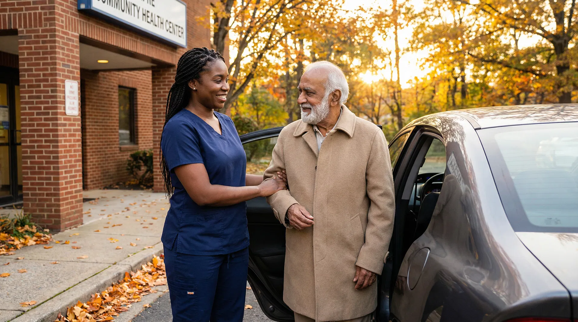 Caregiver assisting senior at medical center