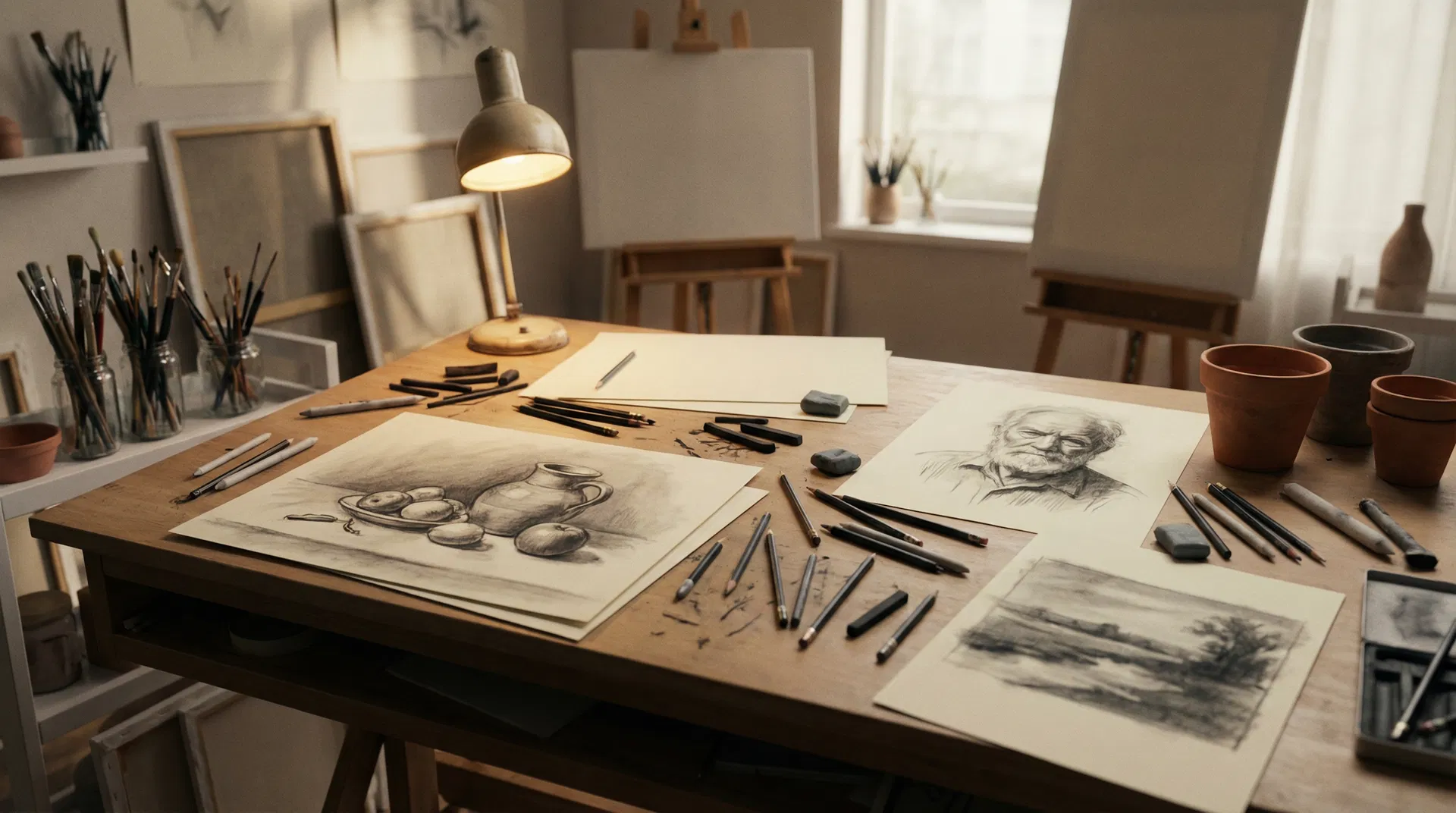 Art studio workspace with charcoal drawings