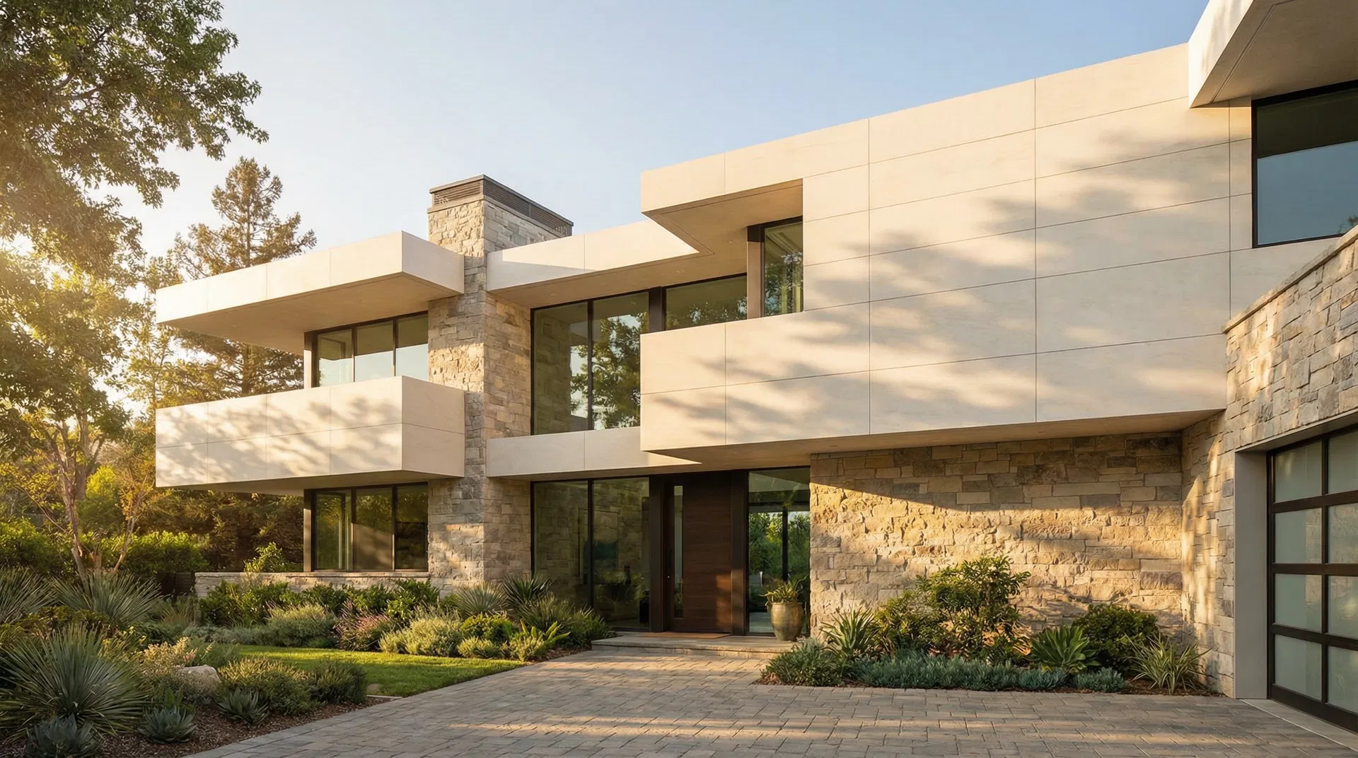 Modern home with porcelain tile facade and stone cladding