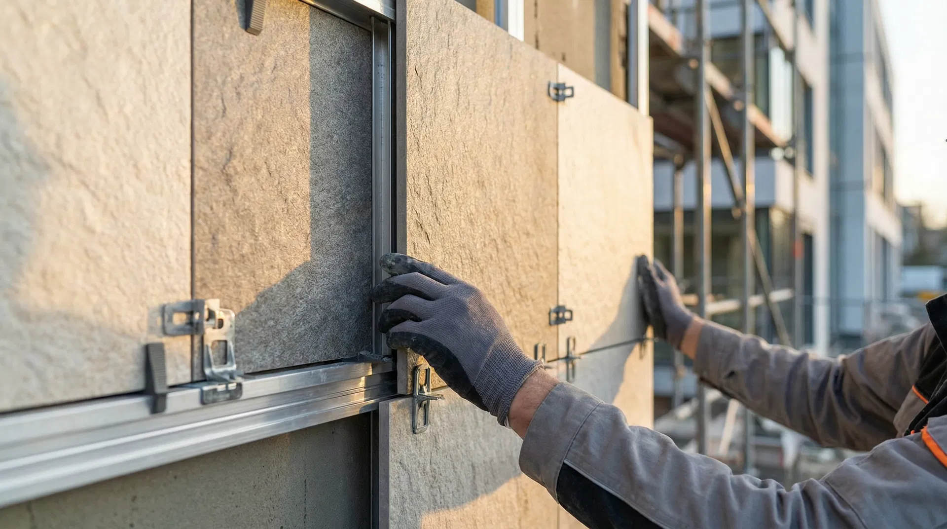 Professional installing stone facade tiles