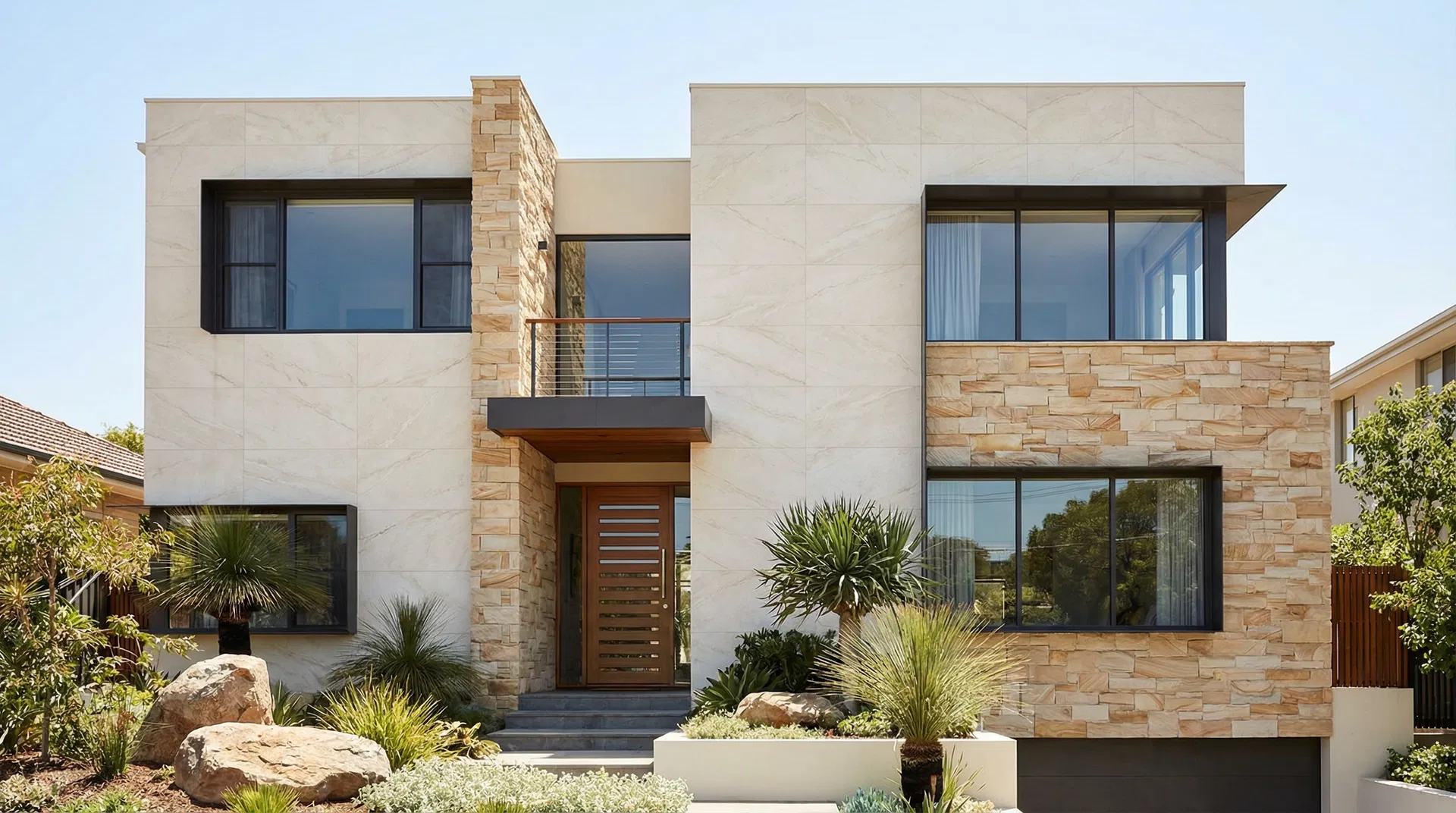 Modern residential facade with porcelain tiles and stone cladding