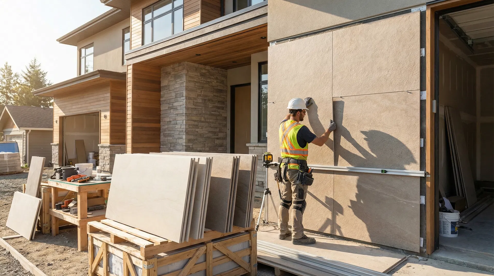 Construction site with porcelain tile installation
