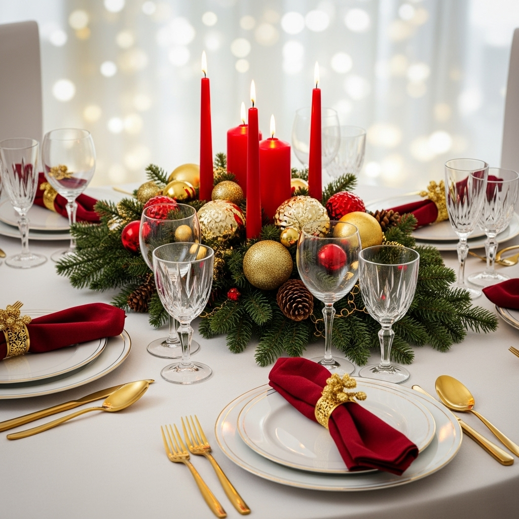 Mesa Natalina com Toques de Dourado e Vermelho