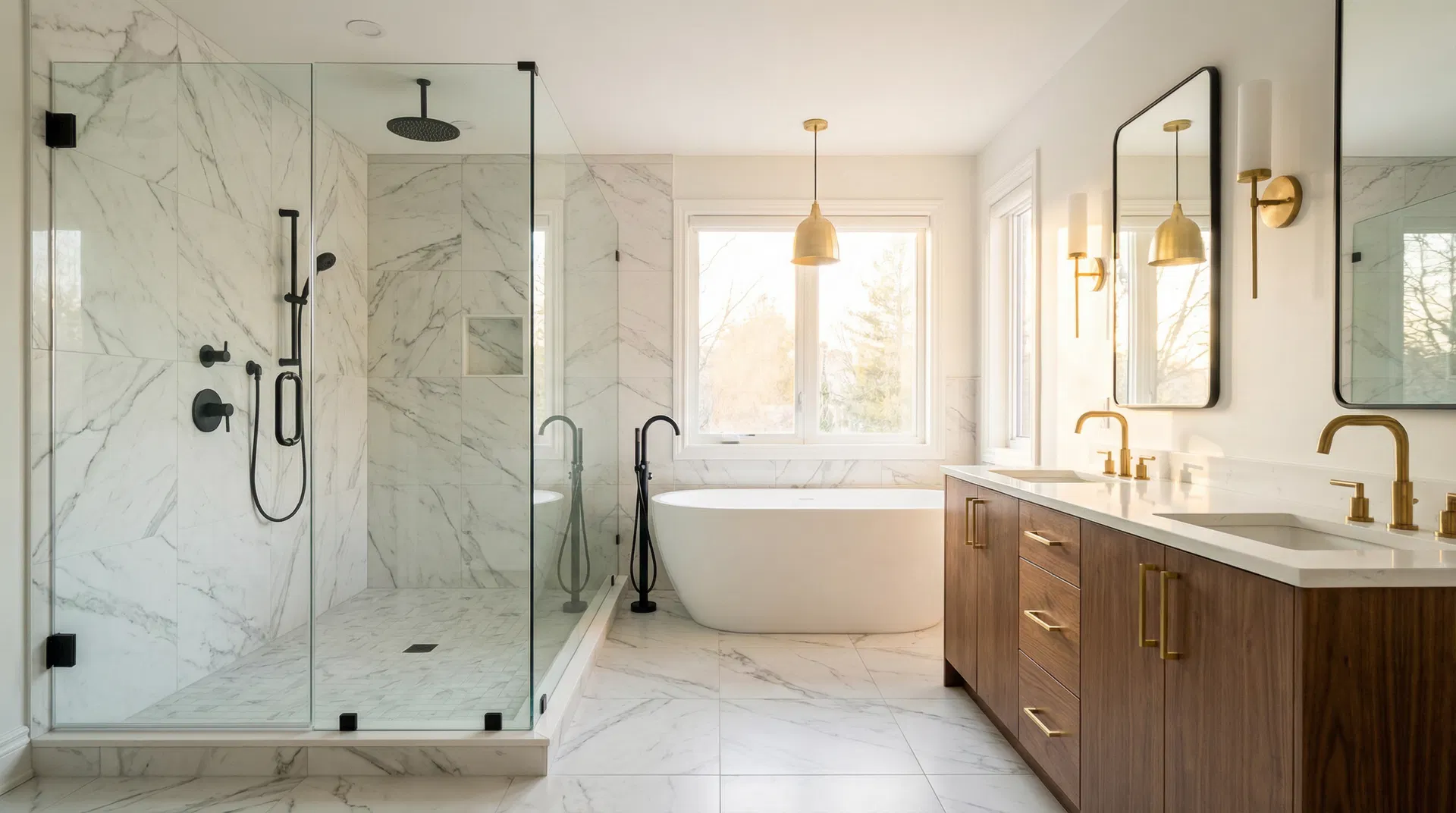 Modern bathroom renovation with marble walls and brass fixtures