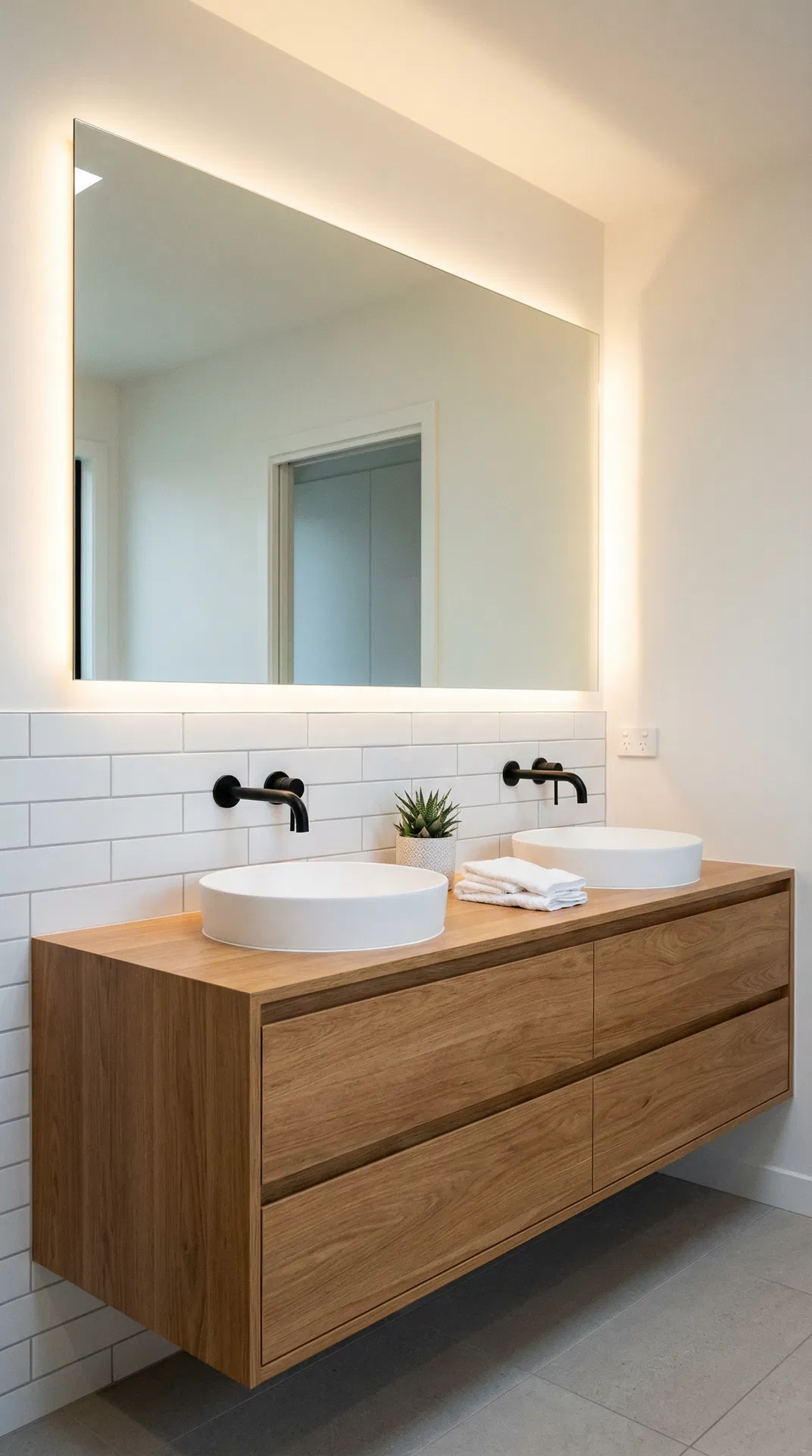 Floating oak vanity with vessel sinks
