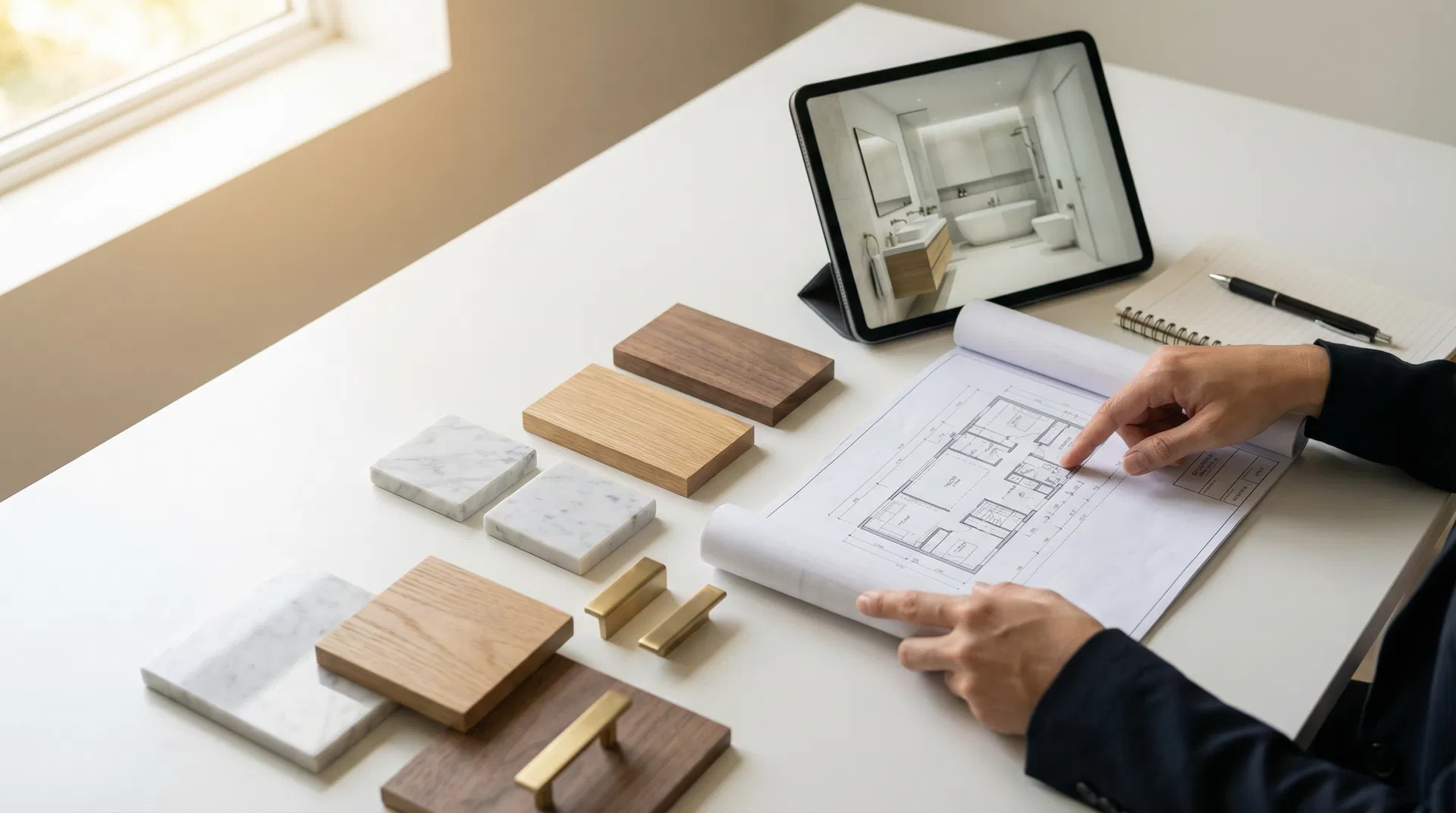 Renovation consultation with material samples and floor plans