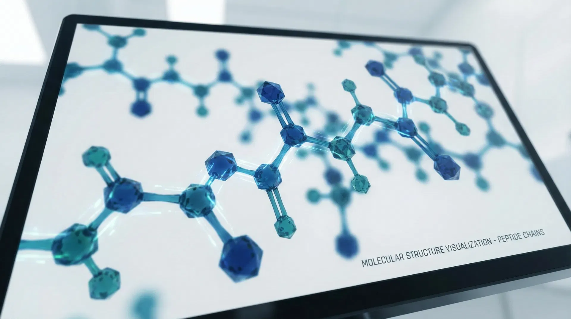 3D peptide chain molecular structure visualization used as hero background for AgeLessHub