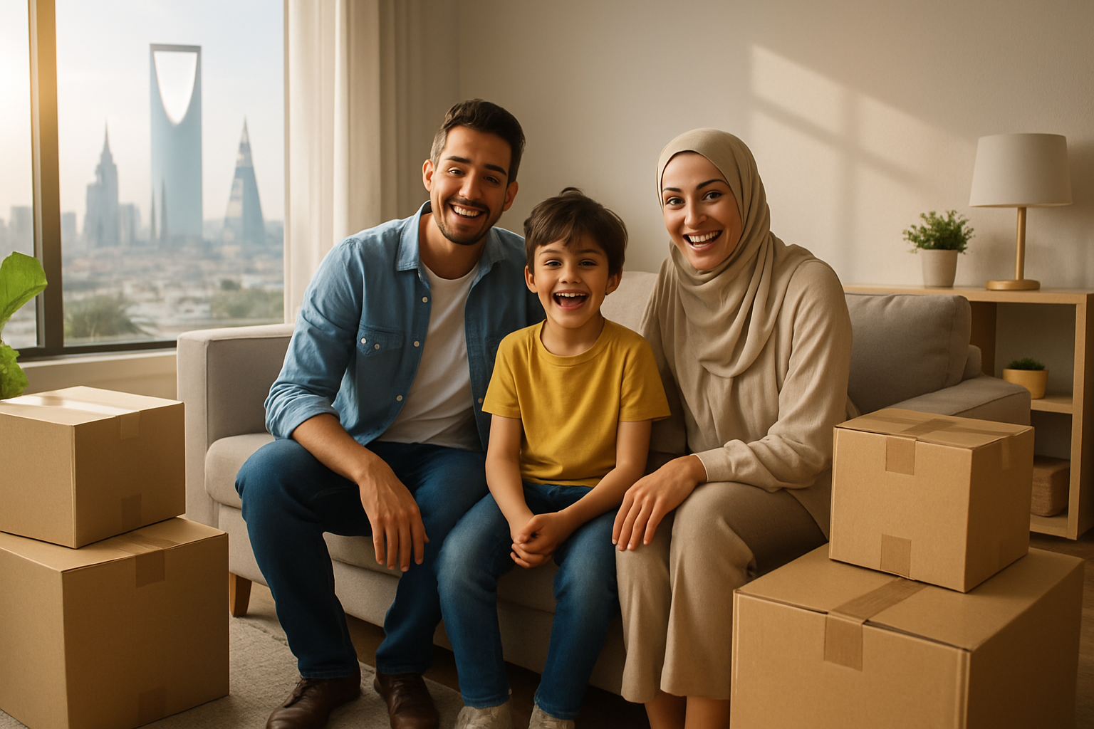 A modern, well-organized living room in Riyadh with packed moving boxes, a family (parents and a child) smiling and looking excited about their move, sunlight streaming through a window, a subtle hint of Riyadh's skyline in the background, realistic style.