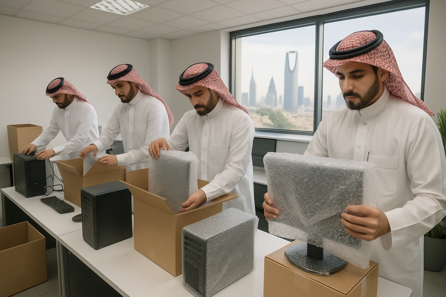 A team of IT professionals in Riyadh carefully disconnecting and packing computer equipment in an office setting. The scene should emphasize precision and security, with specialized packing materials and a clean, professional environment. A subtle Riyadh skyline can be seen through a window, realistic style.