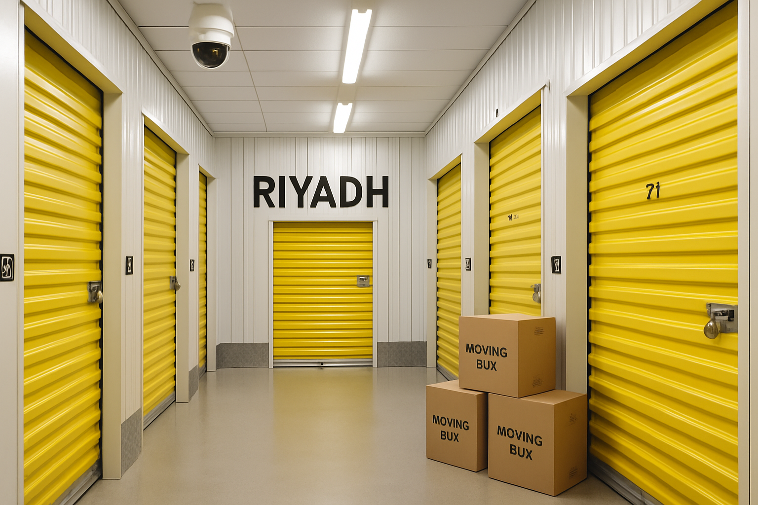 A clean, modern, and secure storage facility interior in Riyadh, with various sized storage units. The image should convey safety and organization, possibly with a security camera visible and good lighting. A few stacked, labeled boxes are visible, realistic style.