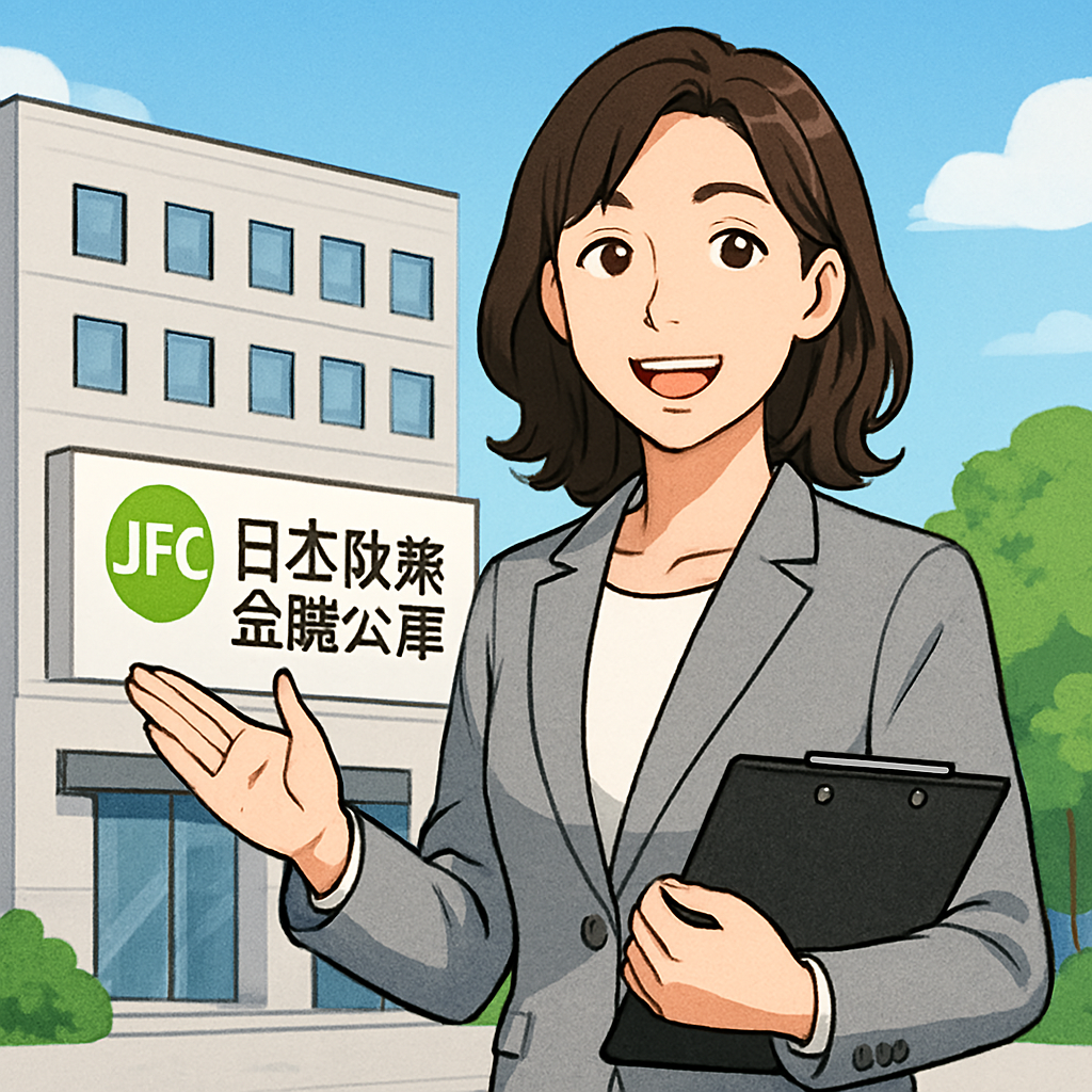 日本政策金融公庫の建物を背景に立つコンサルタント風の女性