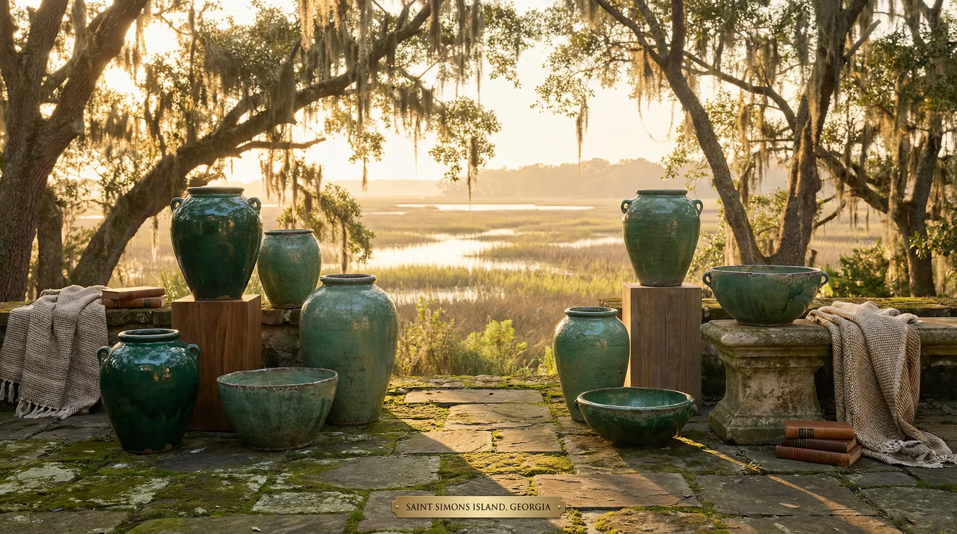 Handcrafted Vietnamese pottery vessels arranged on a weathered stone patio overlooking a coastal marsh at golden hour on Saint Simons Island