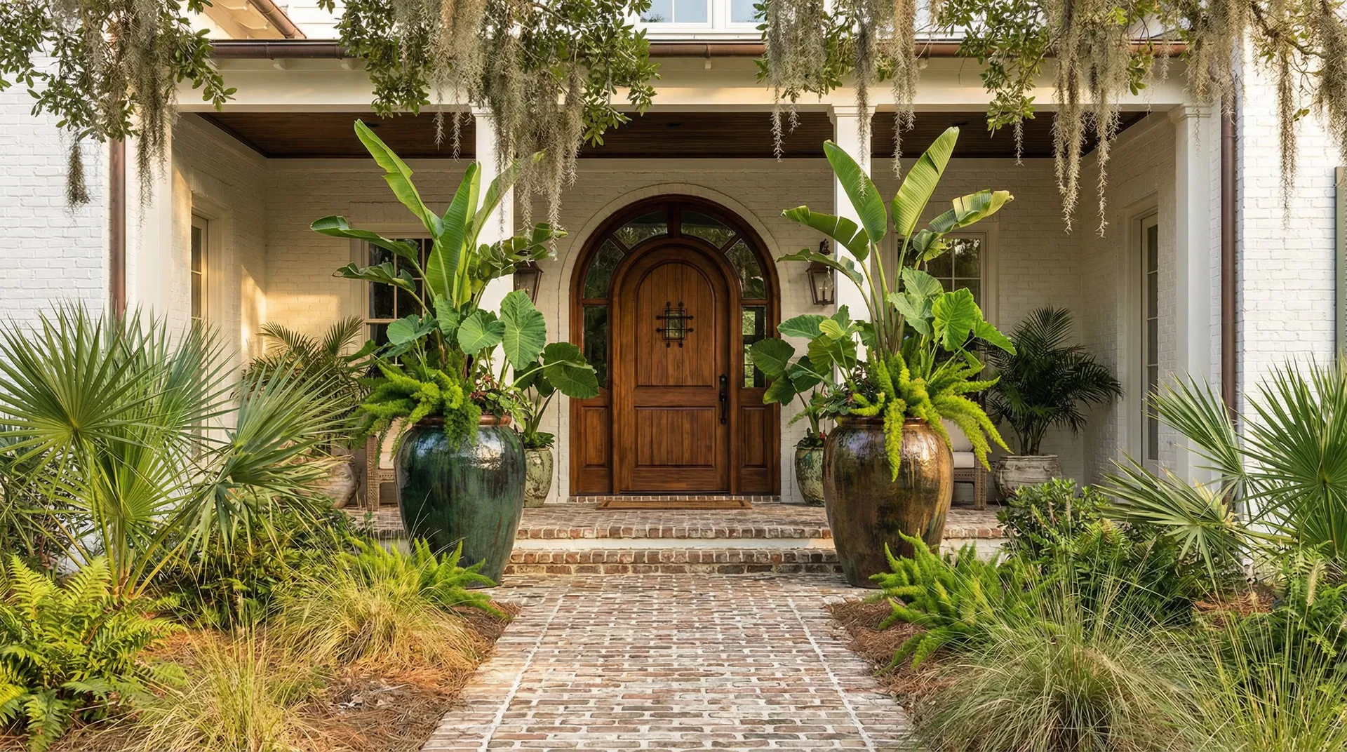 Elegant Southern coastal entryway with handcrafted Vietnamese pottery planters and lush tropical greenery