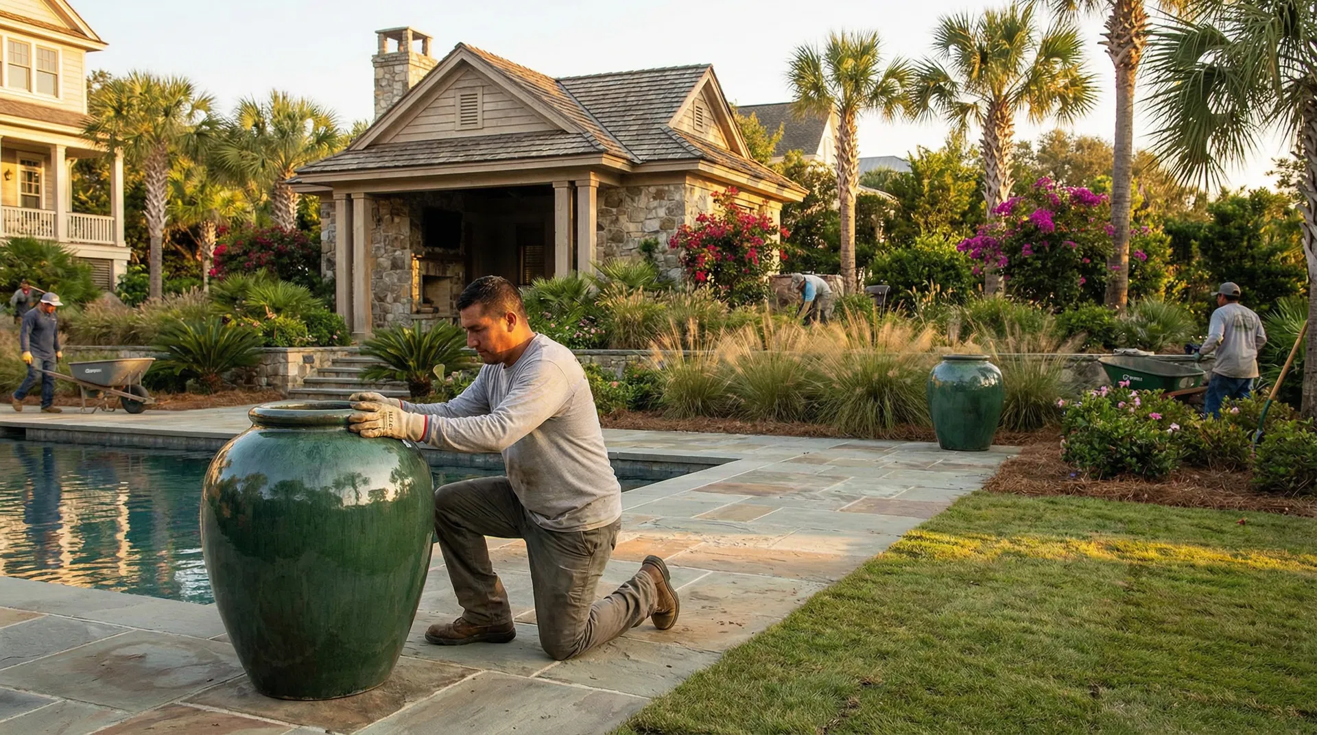 Professional landscape installation with handcrafted pottery by a poolside
