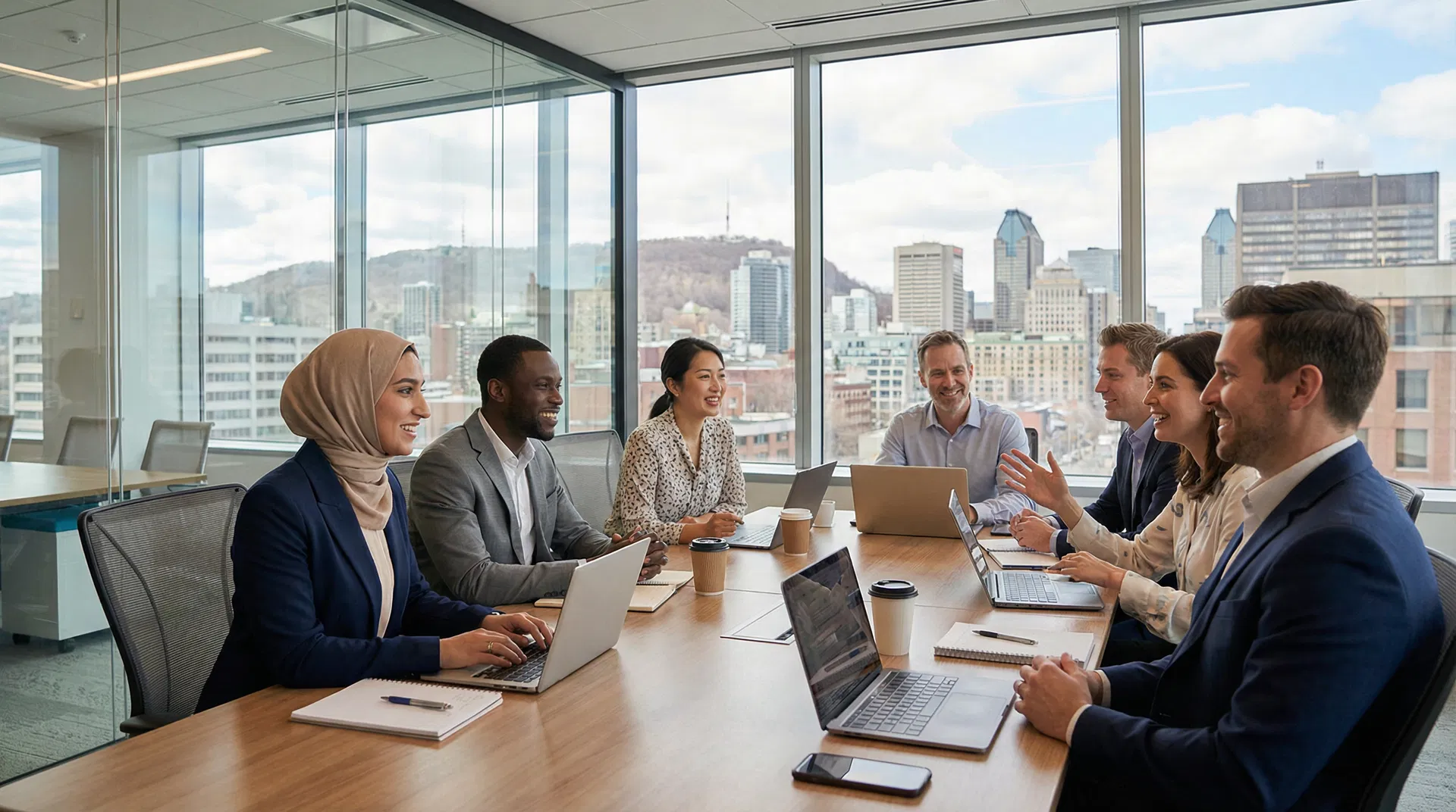 Équipe multiculturelle montréalaise en réunion d'affaires