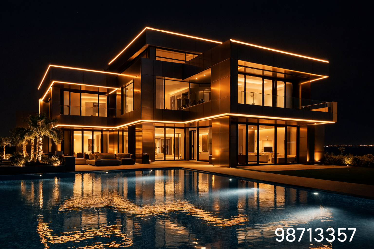 فيلا فاخرة بواجهة كابوند وإضاءة ليلية