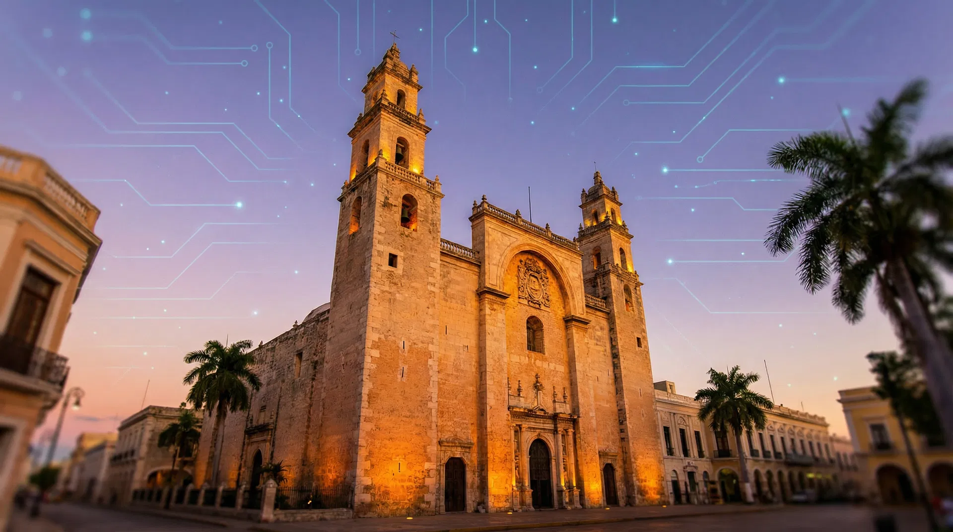 Catedral de Mérida al atardecer con circuitos digitales