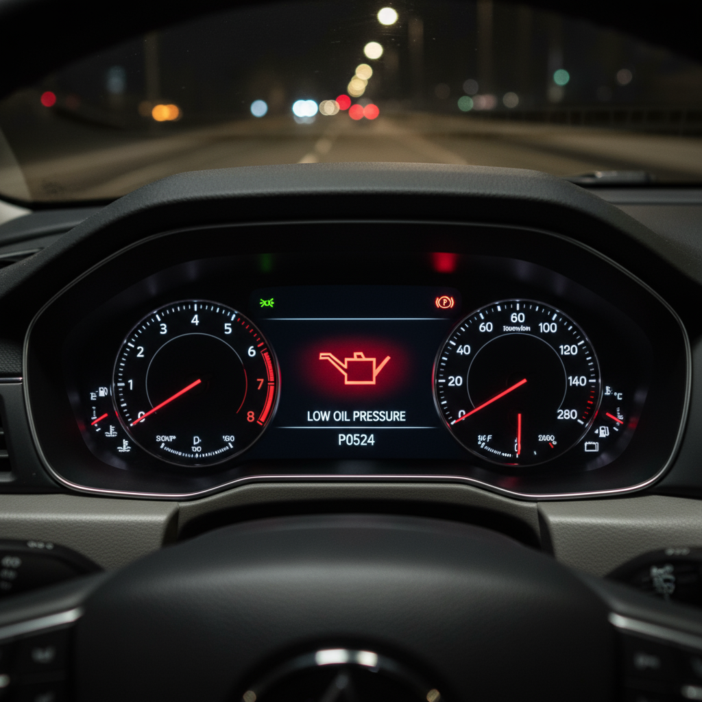 Dashboard showing low engine oil pressure warning light (P0524 code indicator