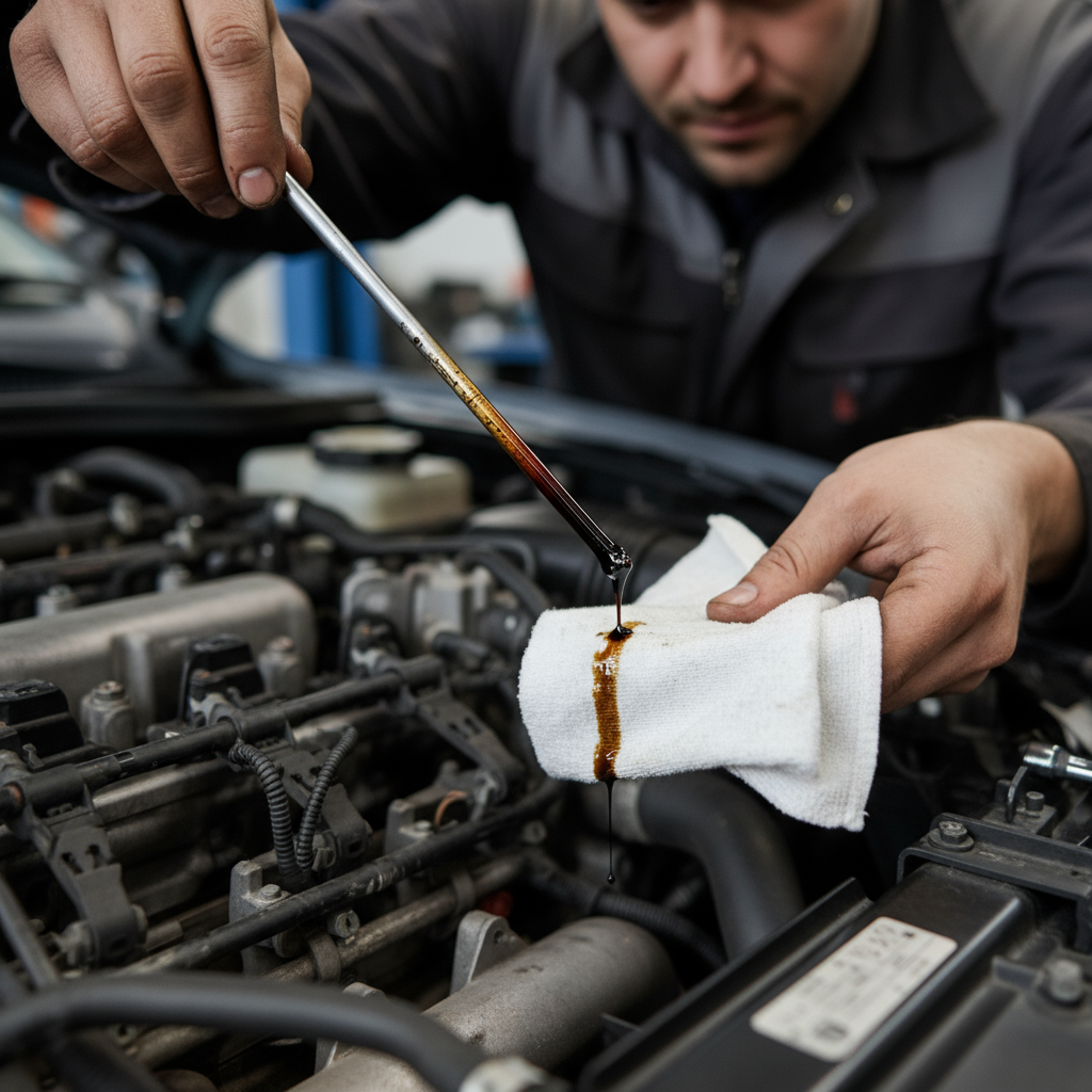 Mechanic checking engine oil level and condition to diagnose low oil pressure (P0524 symptom)