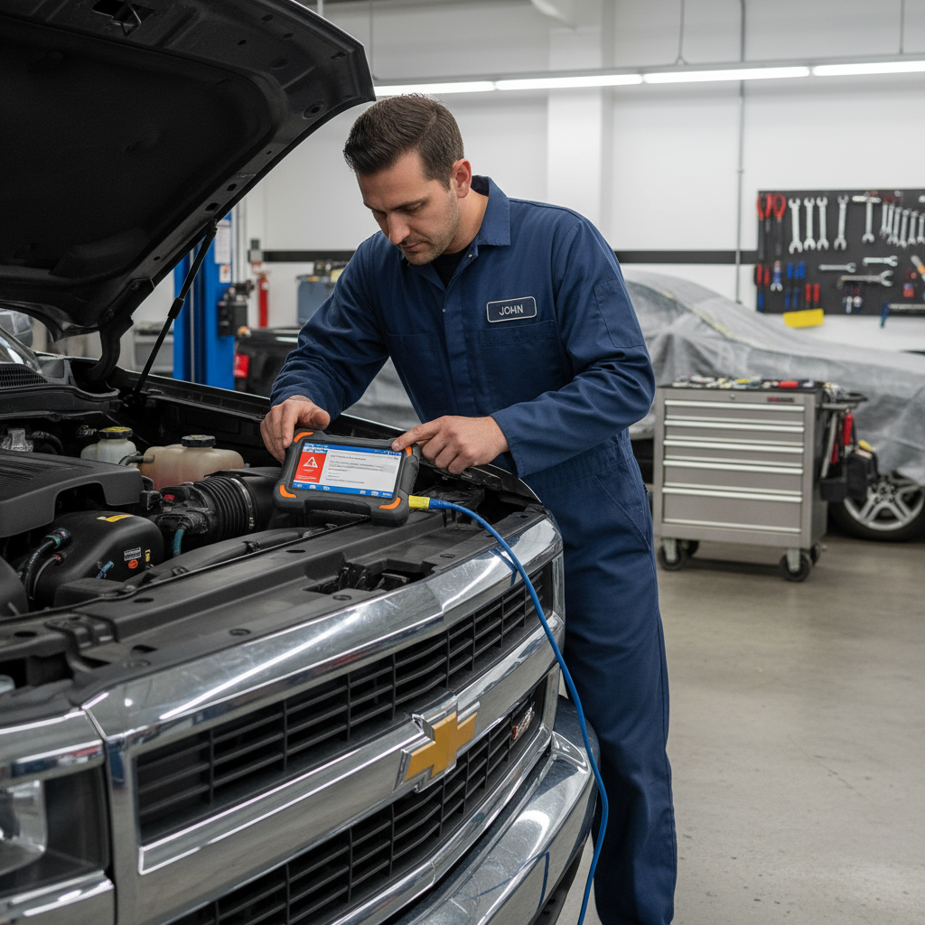 Mechanic diagnosing P0524 low oil pressure on Chevrolet Silverado using iCarsoft CR MAX