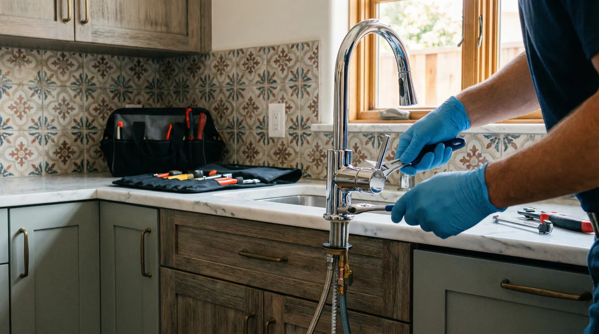 Fontanero profesional reparando grifo en cocina