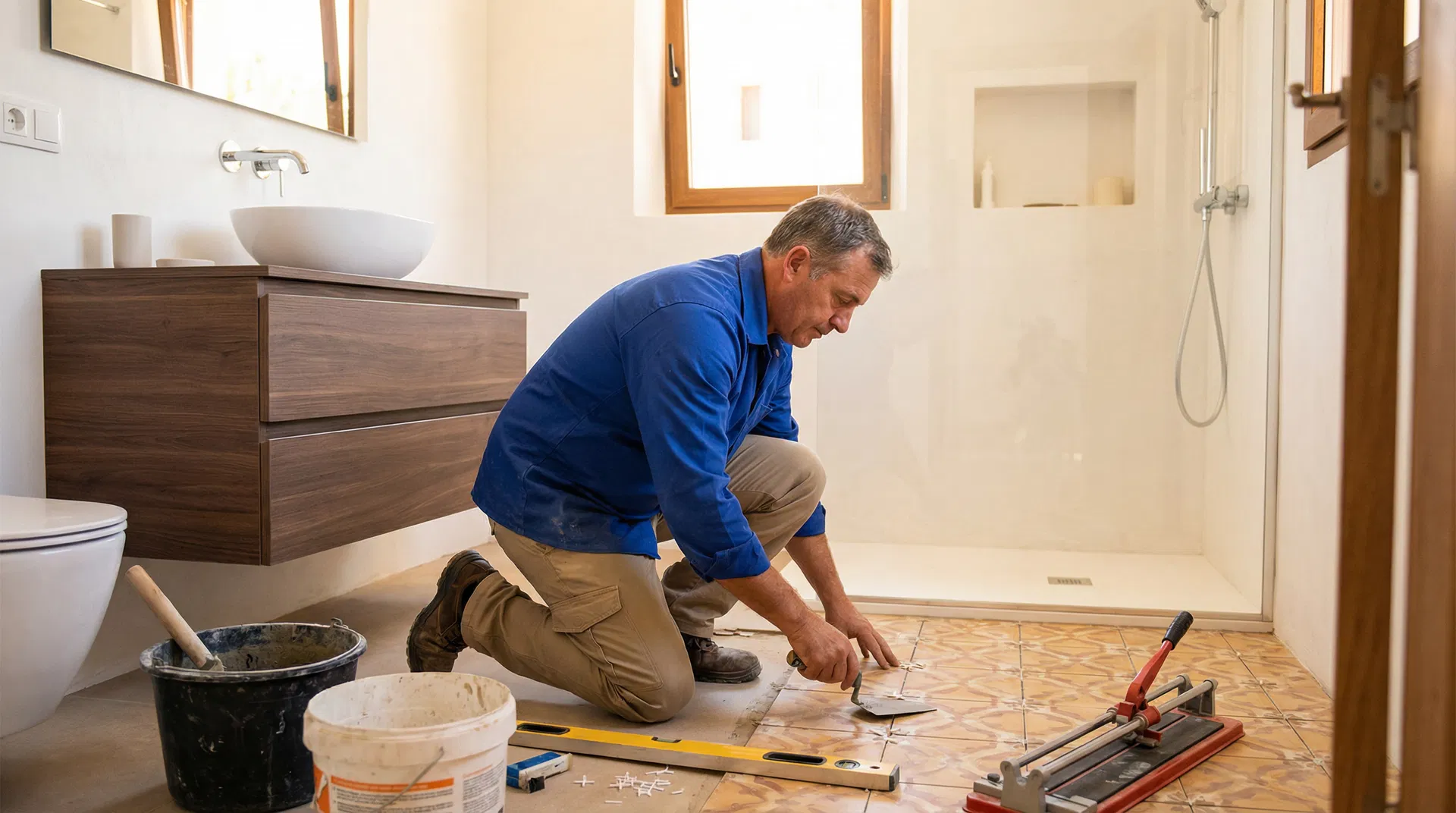 Albañil profesional colocando azulejos en baño