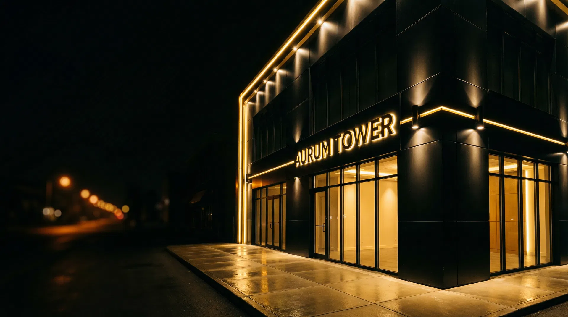 Fachada comercial premium em ACM com iluminação noturna