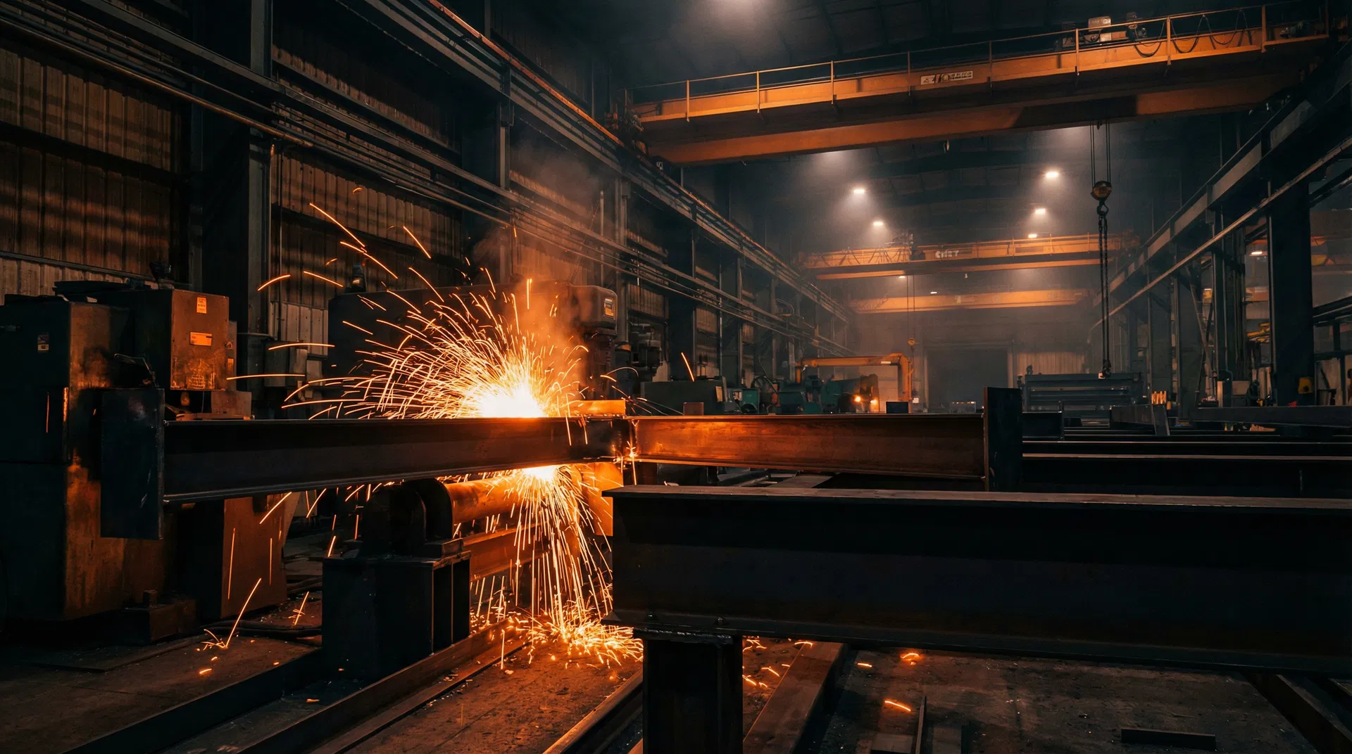 Industrial manufacturing facility with welding sparks