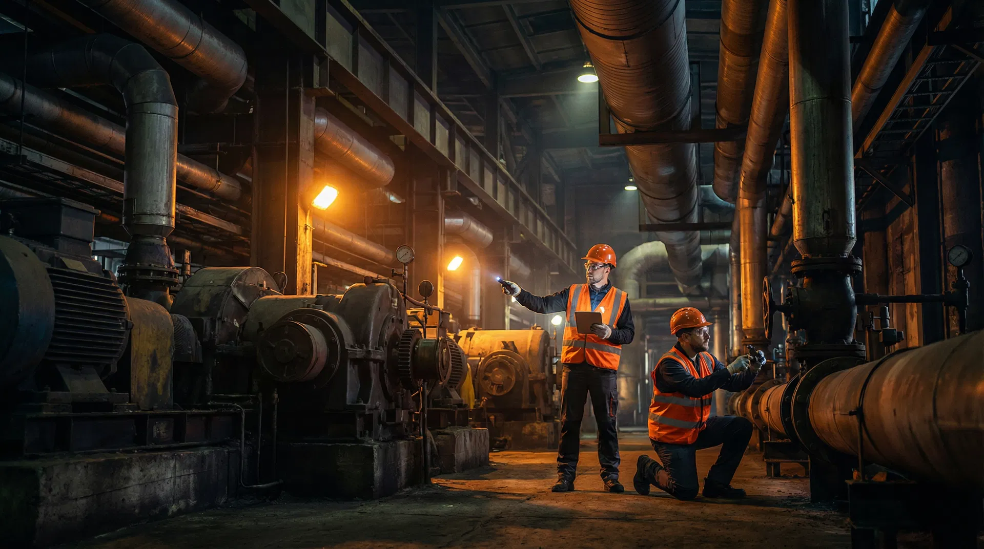 Industrial facility maintenance workers inspecting equipment