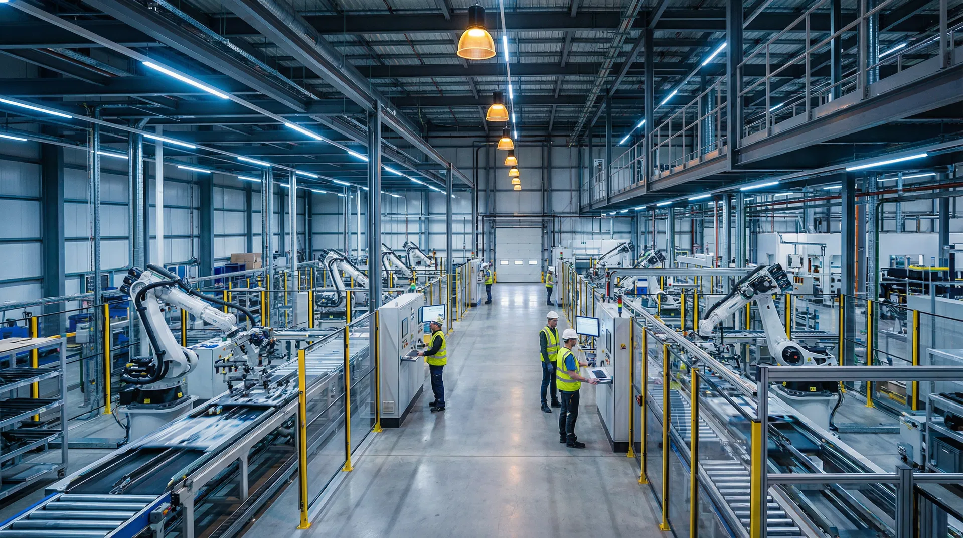 Modern industrial production floor with automated assembly stations