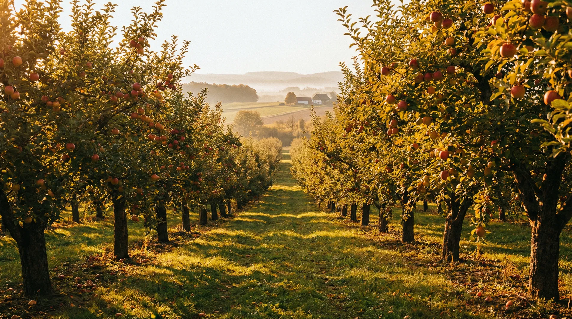 Golden hour apple orchard