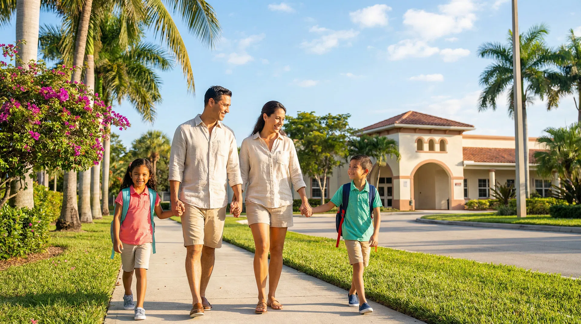 Family walking to school in Florida - diverse family with children walking on sidewalk with palm trees and school building