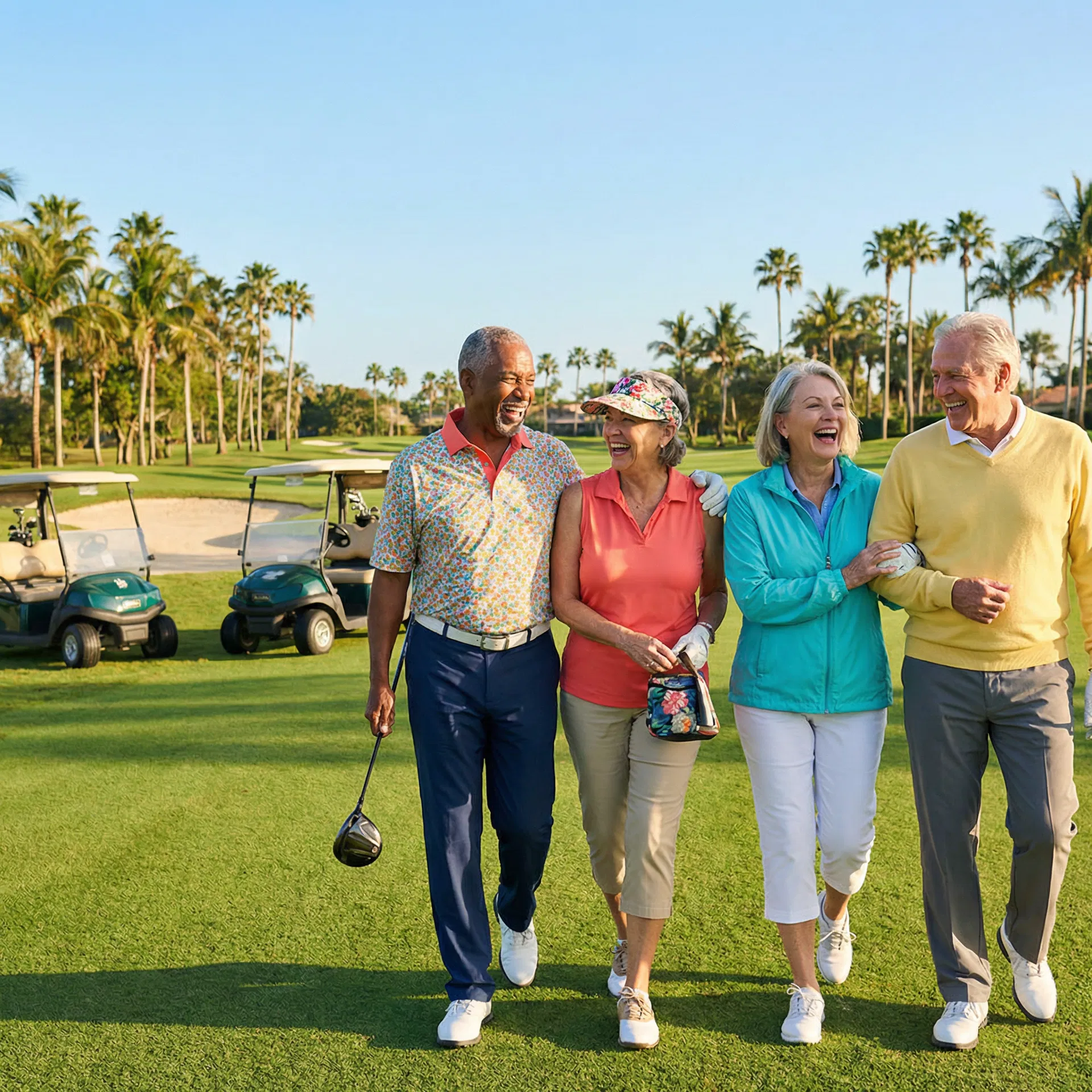 Senior friends golfing together
