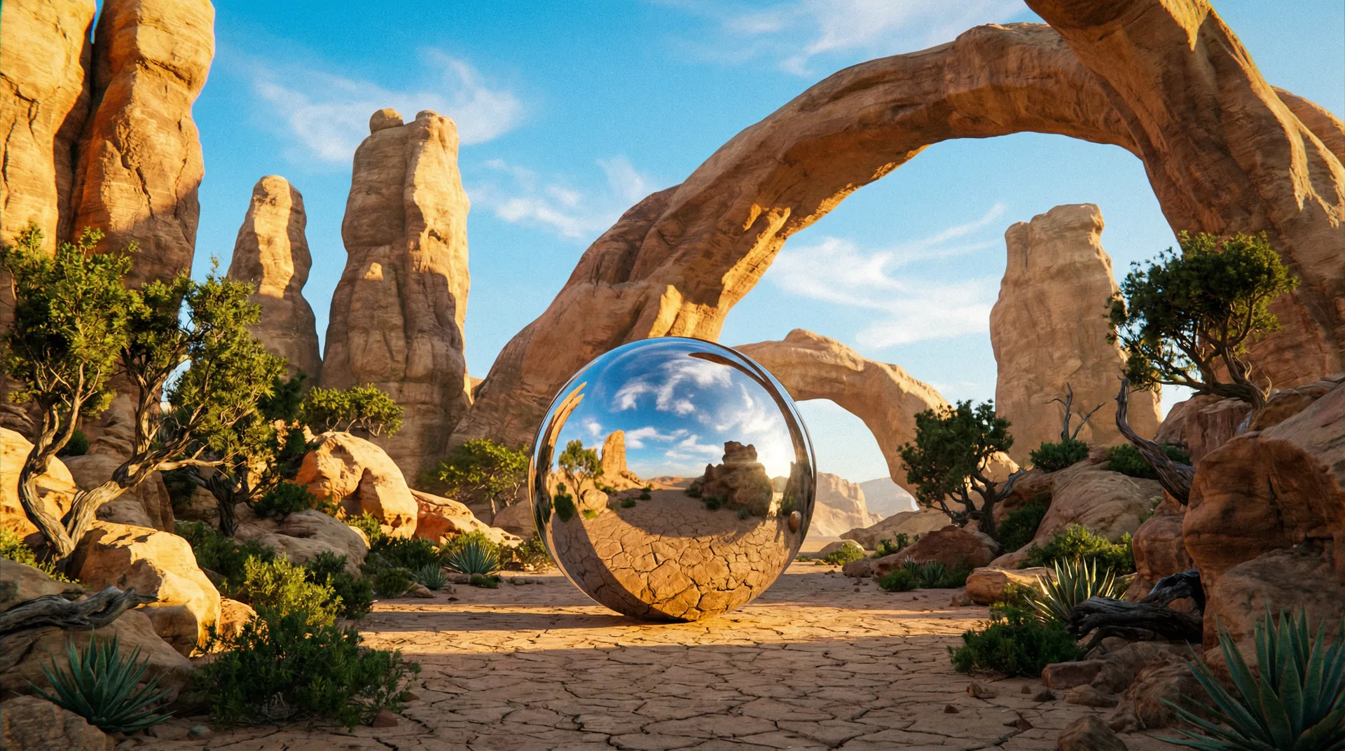 Desert landscape with chrome sphere