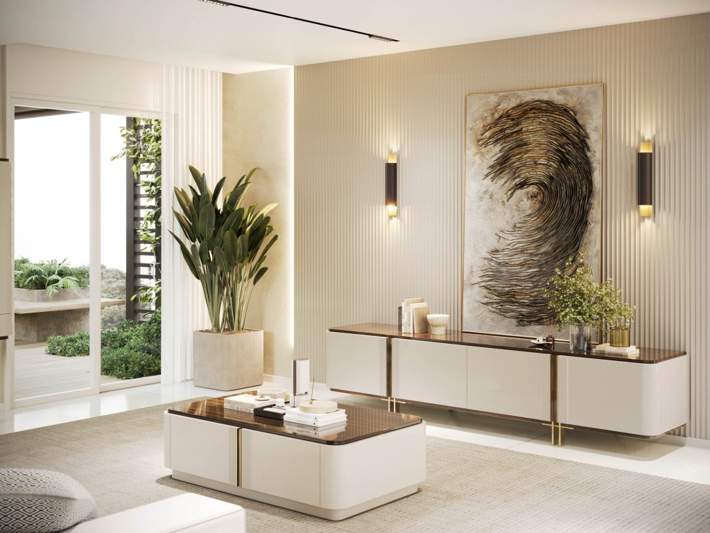 Sala com estante de livros organizada