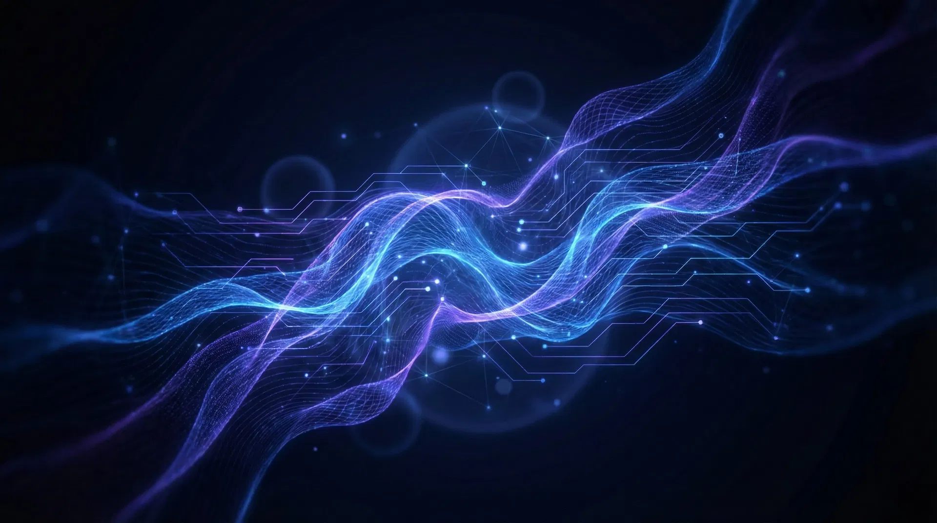 Abstract futuristic technology background with flowing data streams and neural network patterns