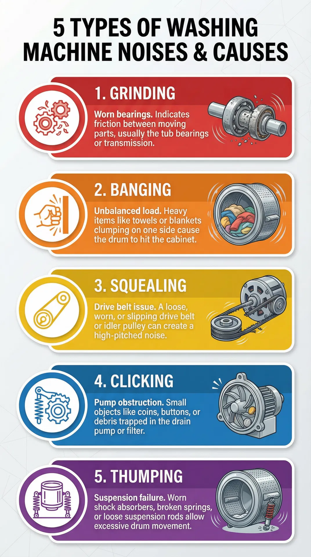 5 Types of Washing Machine Noises infographic showing grinding, banging, squealing, clicking, and thumping sounds with causes