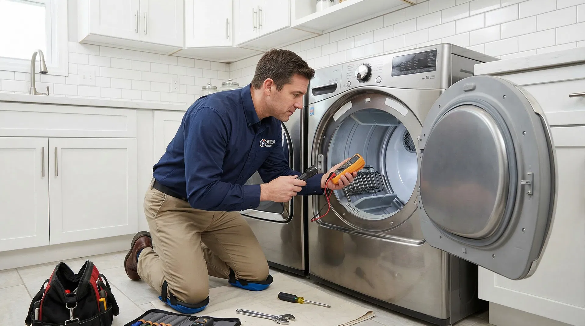 Professional appliance repair technician in navy blue uniform inspecting dryer heating element with diagnostic tools in modern laundry room