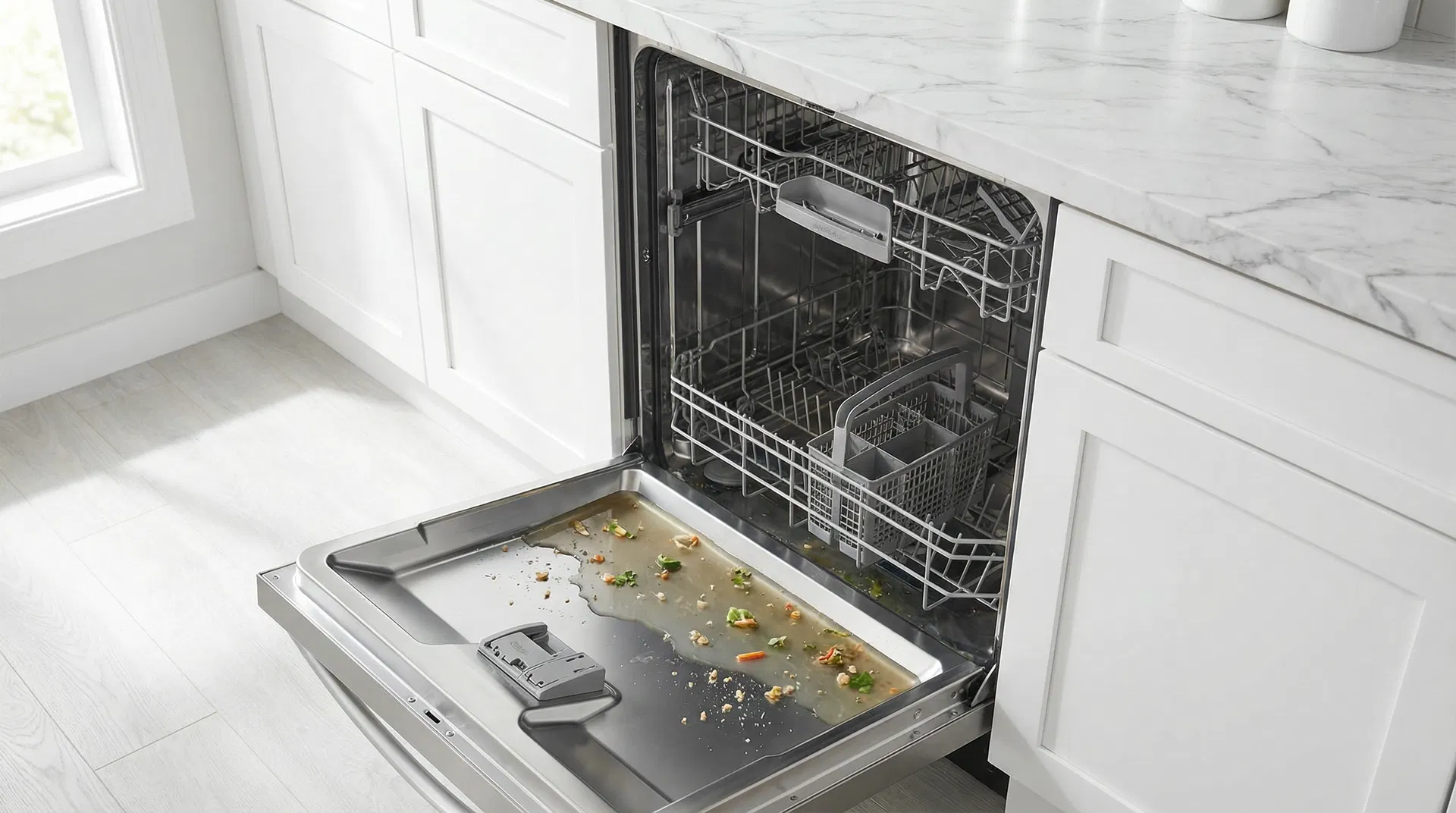 Modern stainless steel dishwasher with door open showing standing water and food debris at the bottom, indicating a drainage problem