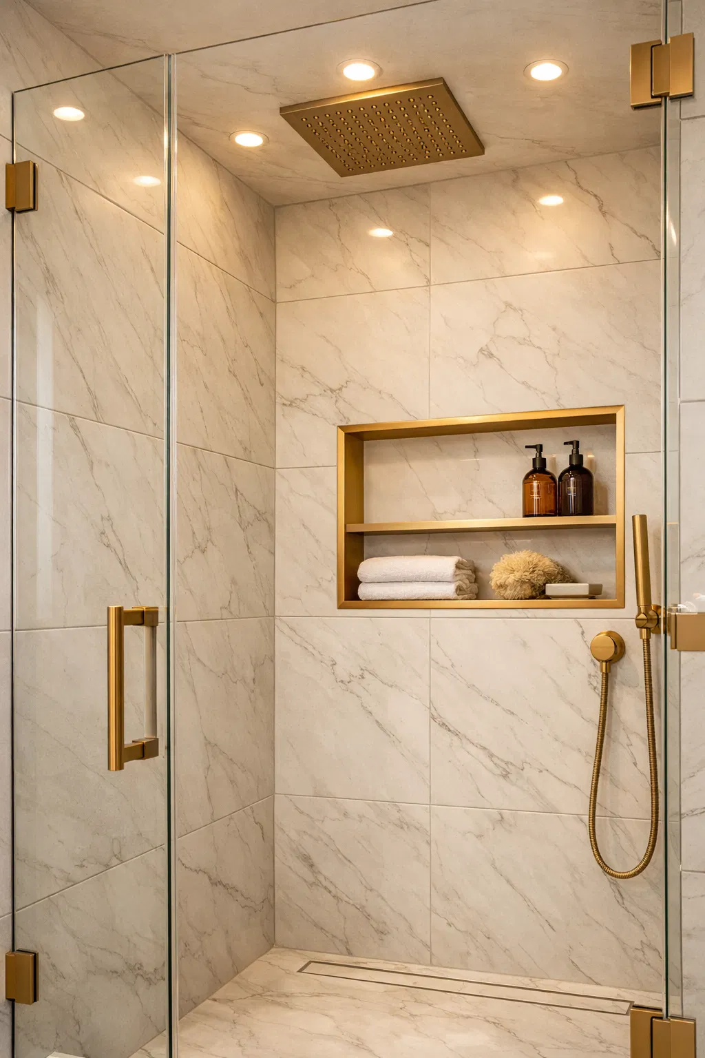 Custom walk-in shower with gold fixtures