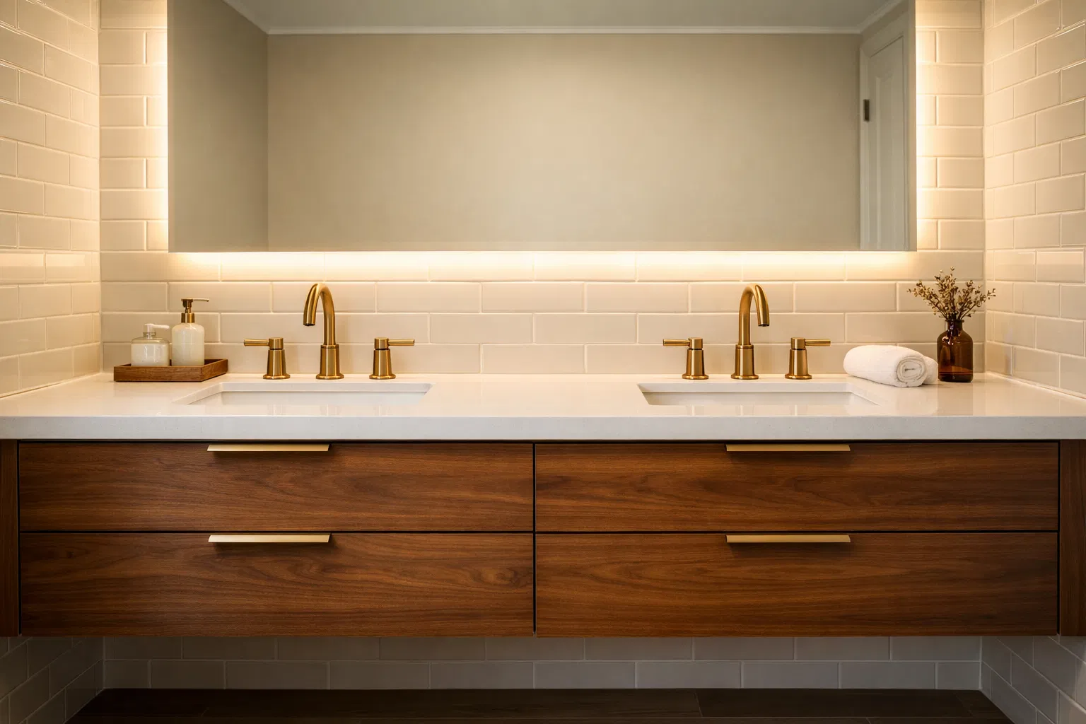 Custom bathroom vanity with gold fixtures