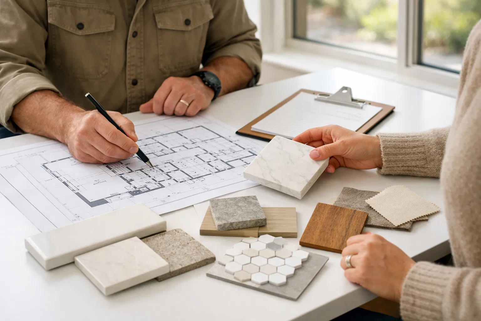 Contractor consultation with tile samples and plans