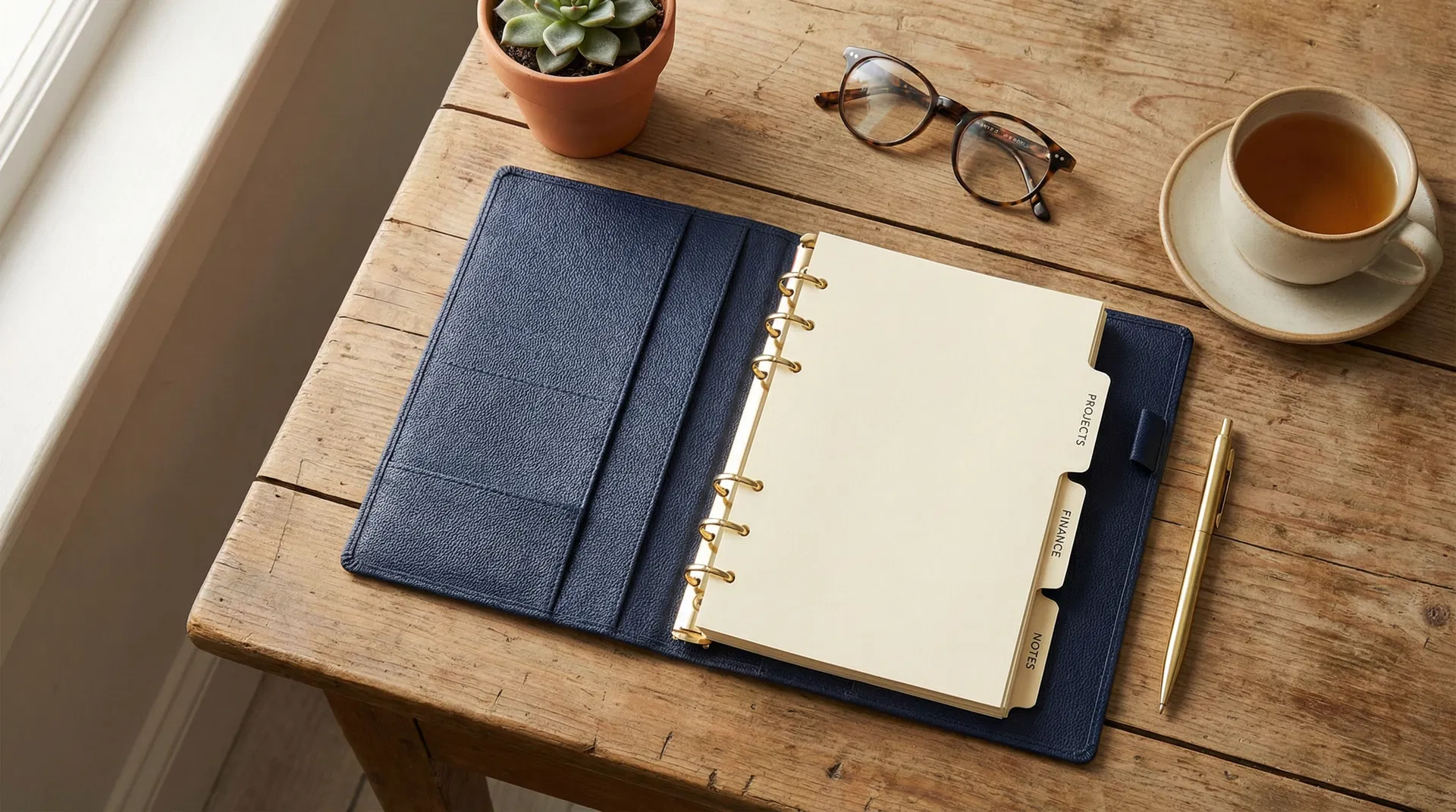 Beautifully organized navy binder on a wooden desk with gold pen and tea