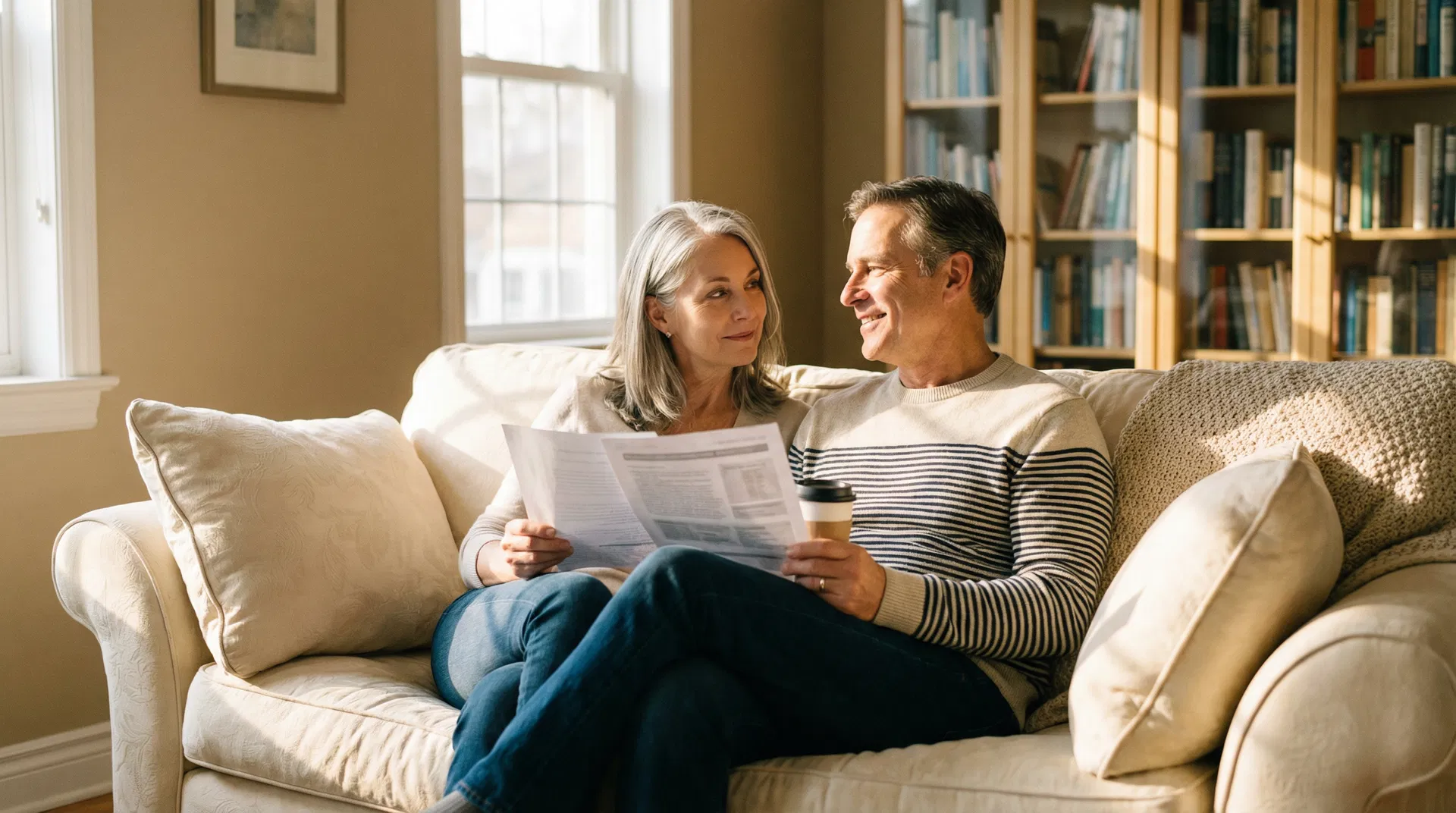 Couple reviewing important family documents together at home