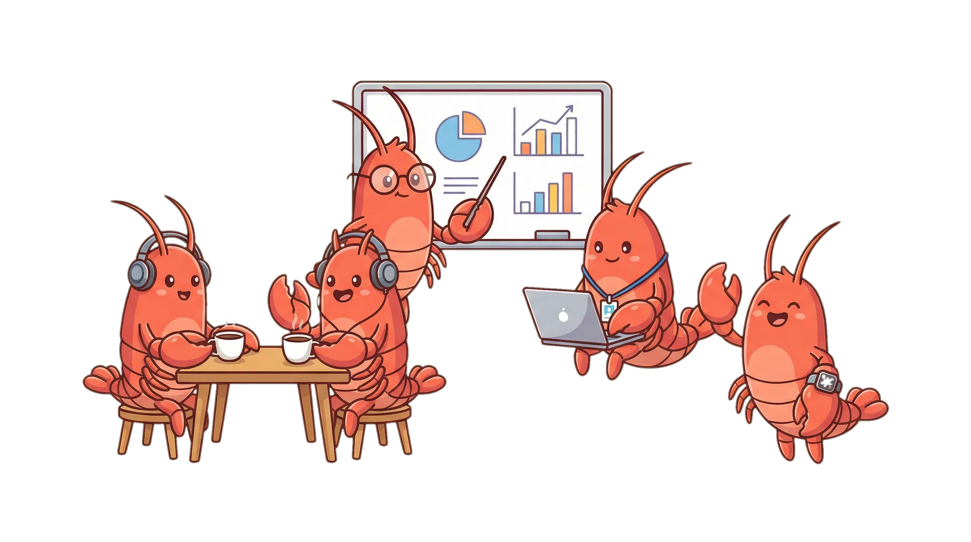 Cute lobsters at a tech meetup โ presenting, chatting, and coding