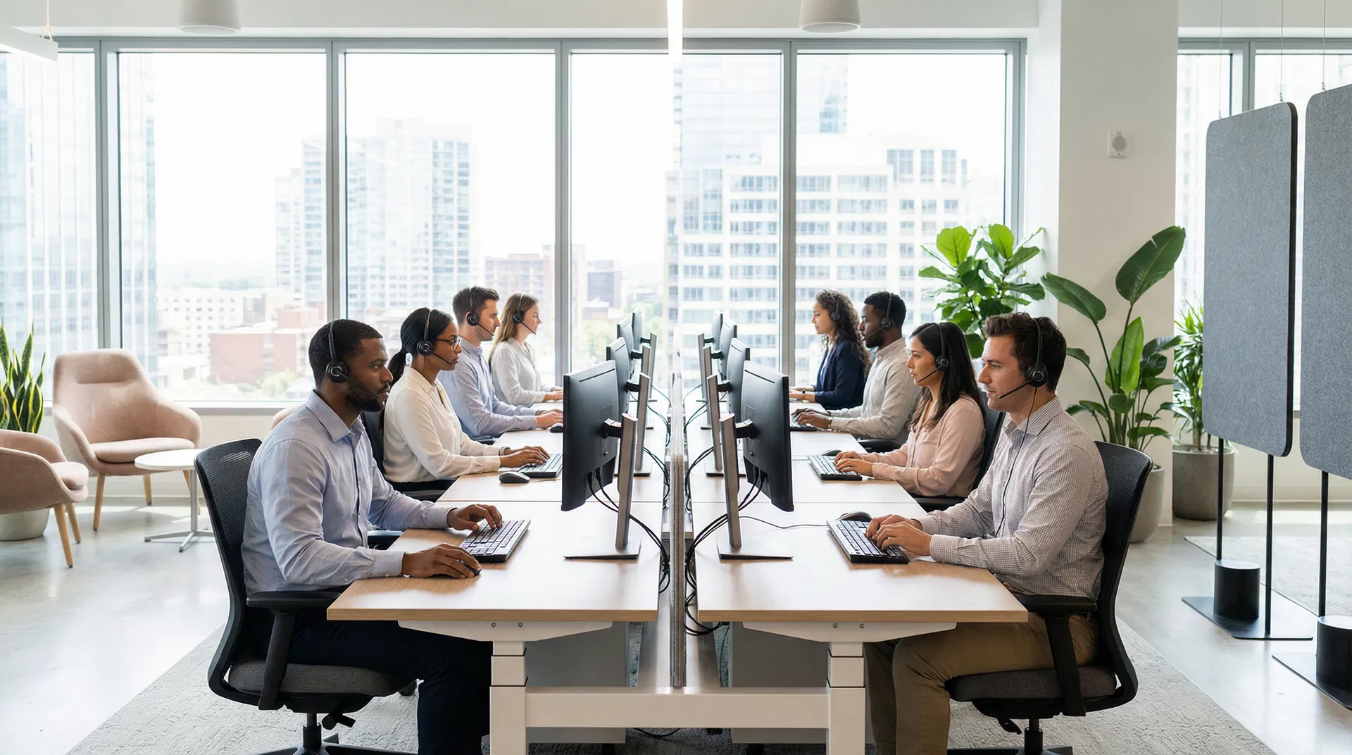 Équipe de réceptionnistes collaborant dans un centre d'appels moderne