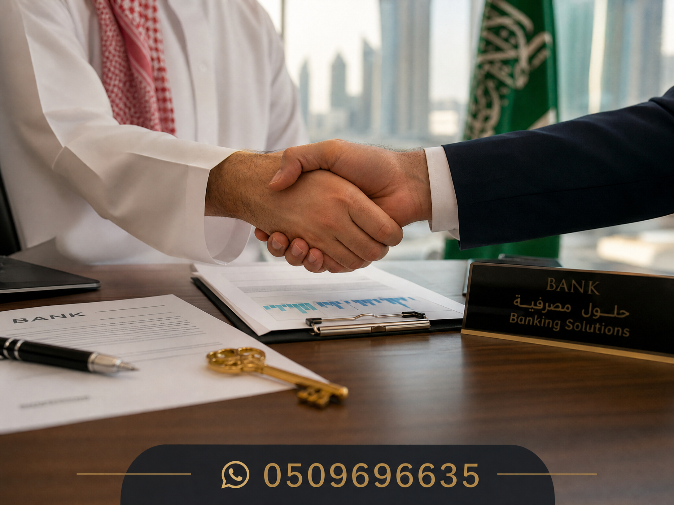صورة مصافحة احترافية بين رجال أعمال سعوديين ترمز للثقة والتعاون مع رقم التواصل 0509696635